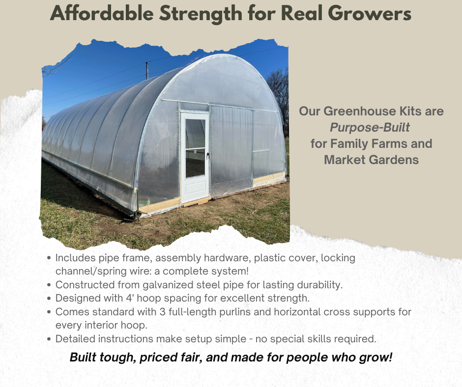Greenhouse kit with text about affordable strength for real growers. Image list six points to demonstrate strength and quality.